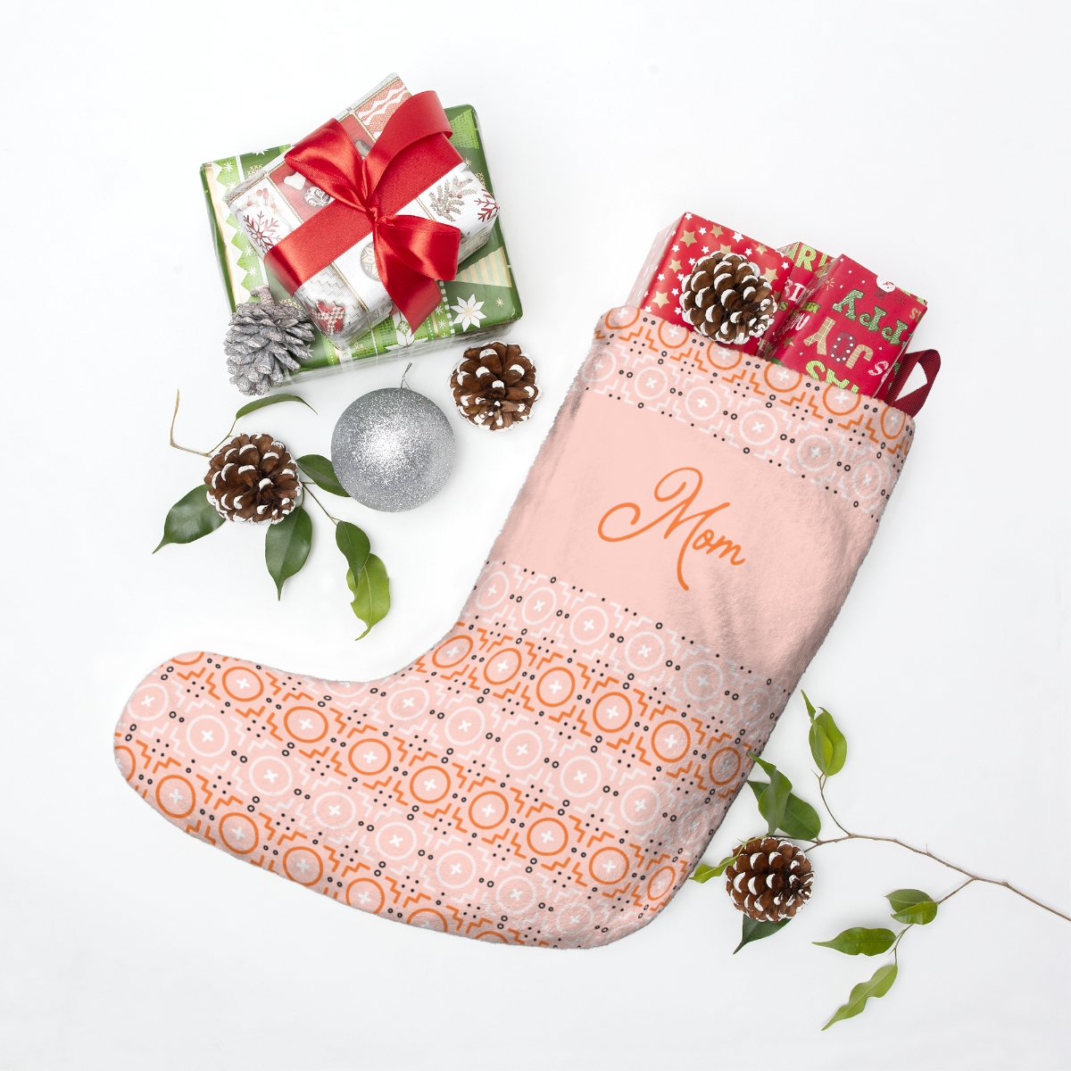 Pink Personalizable Christmas Stocking – modern mud cloth tile pattern