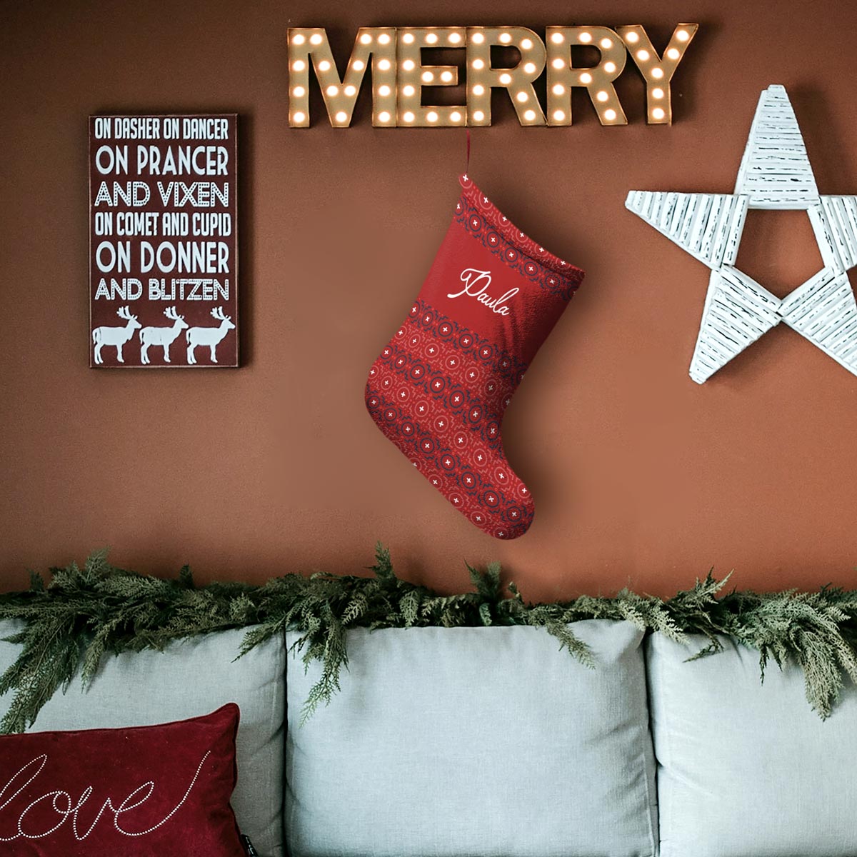 Red Personalizable Christmas Stocking – modern mud cloth tile pattern