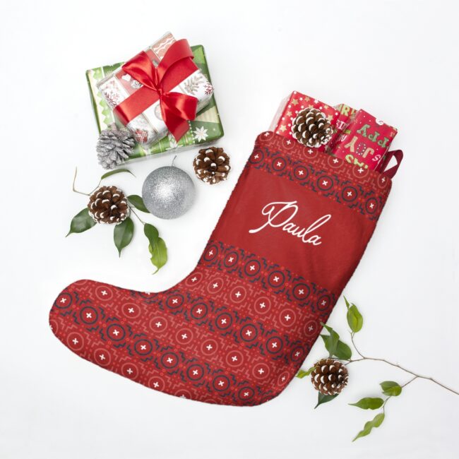 Red Personalizable Christmas Stocking – modern mud cloth tile pattern