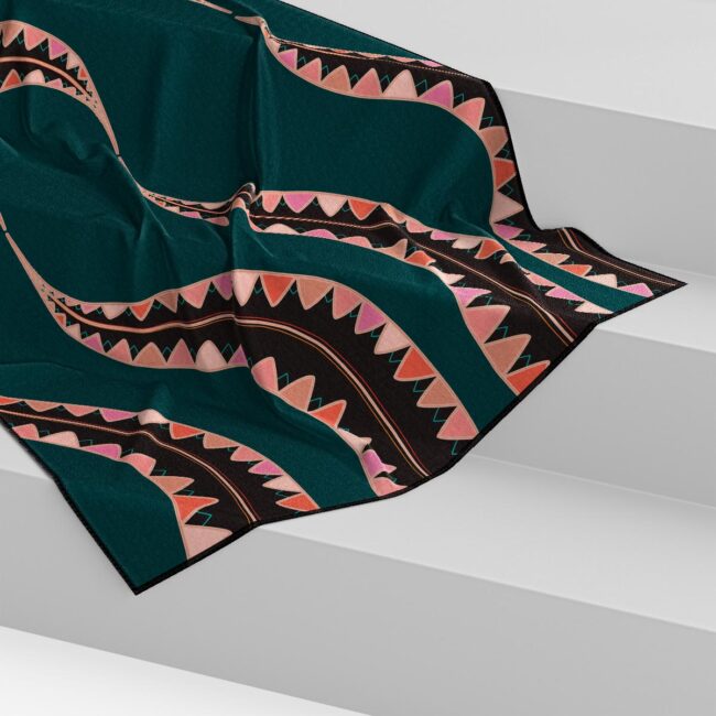 Long Green Silk Scarf – Pink Snake Illustration