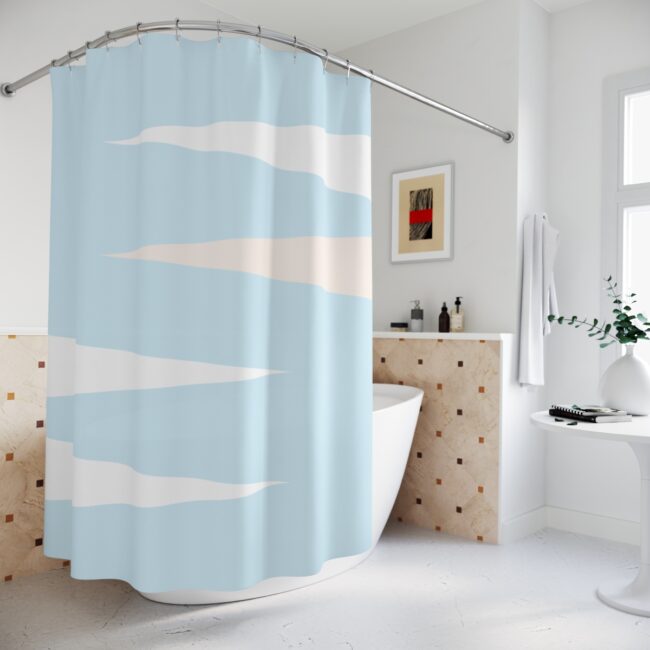 Sky Blue Shower Curtain With White, Blue Beige White Shower Curtain