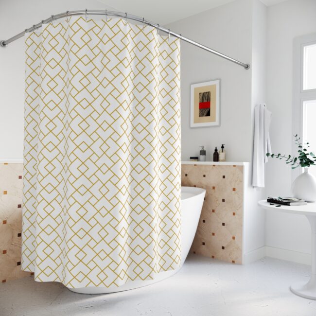 White & Mustard Diamond Lattice Shower Curtain