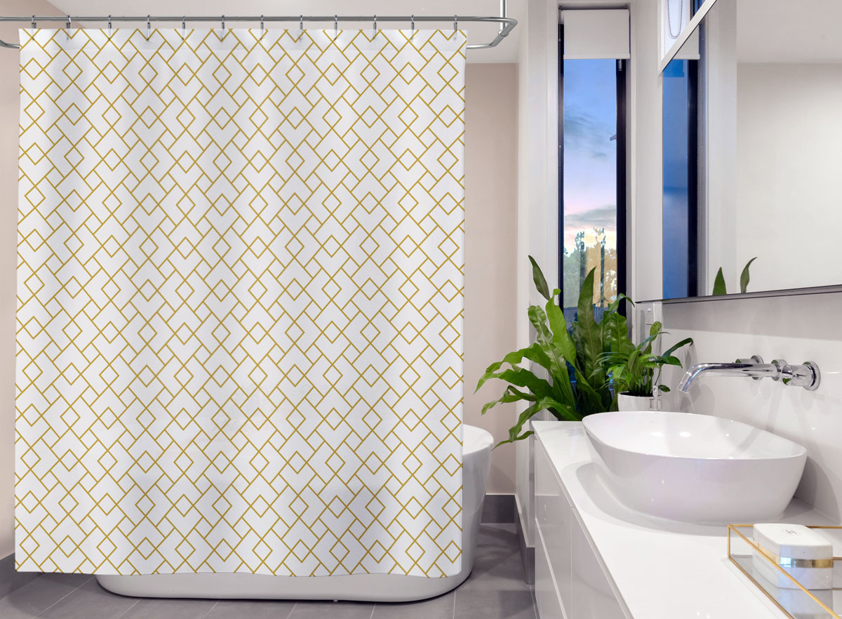White & Mustard Diamond Lattice Shower Curtain