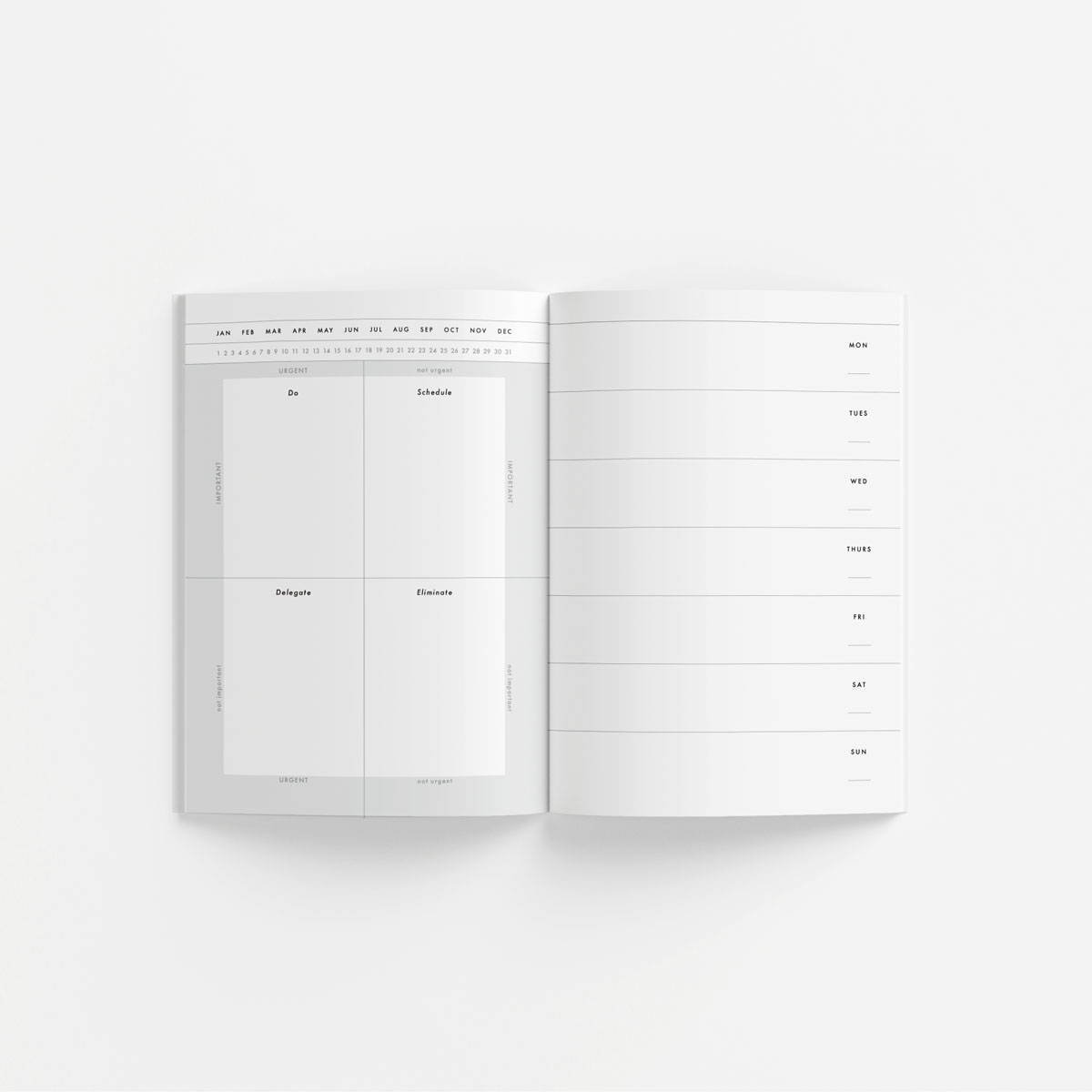 Essential Weekly Planner + Priority Matrix – undated (black + white)