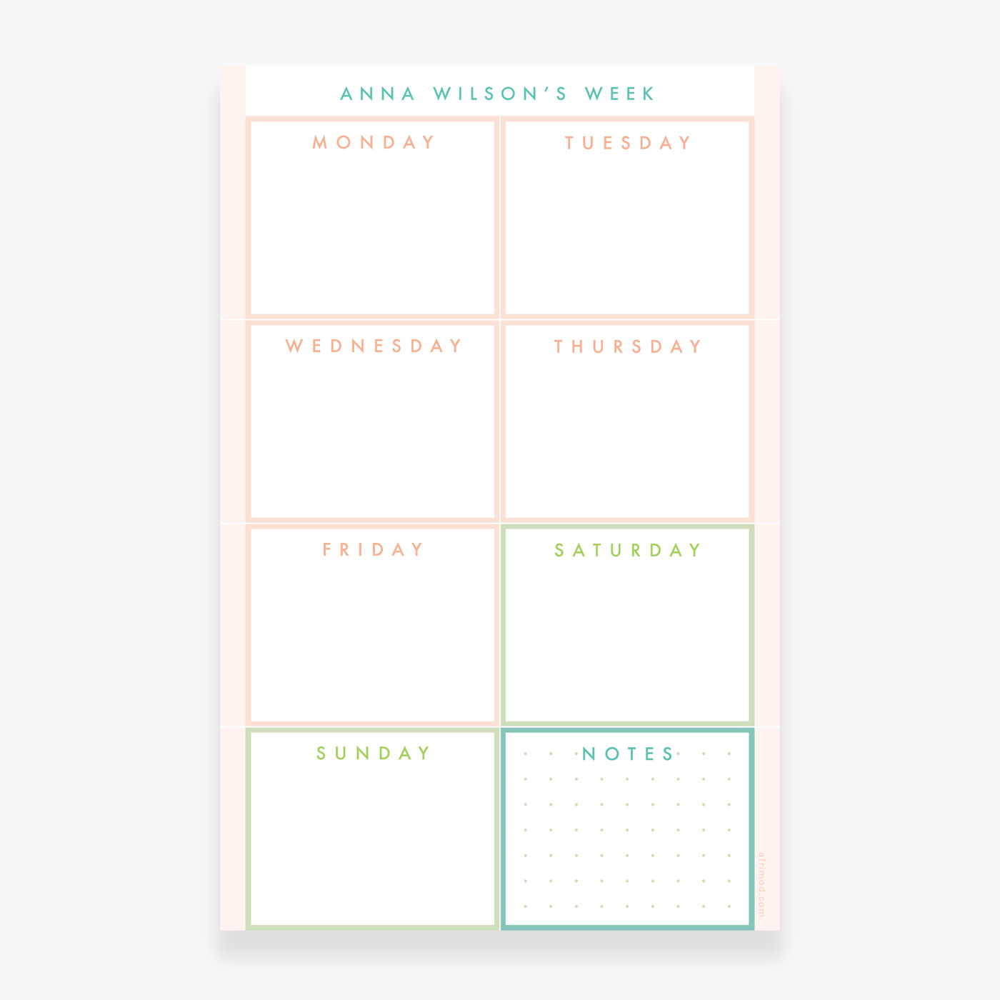 Personalized Weekly Notepad in Coral and Teal