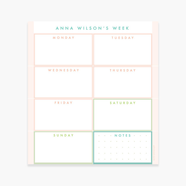 Personalized Weekly Notepad in Coral and Teal