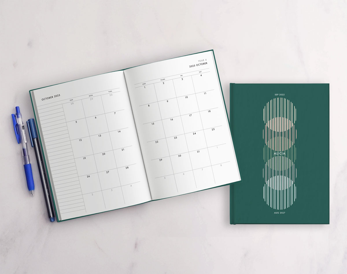 Modern 5-Year Monthly Planner / 60-Month Calendar (forest green) – start any month