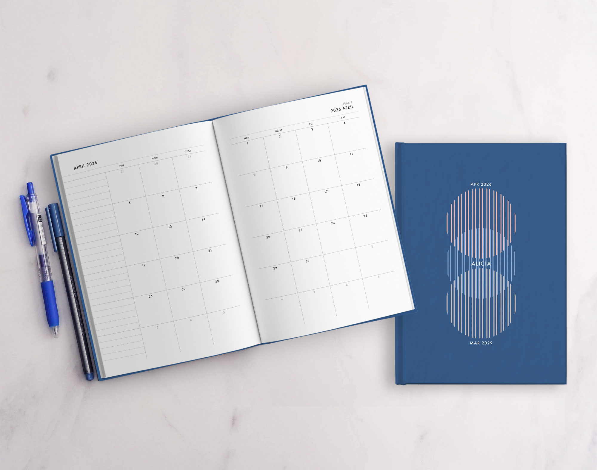 Modern 3-Year Monthly Planner / 36-Month Calendar (blue) – start any month