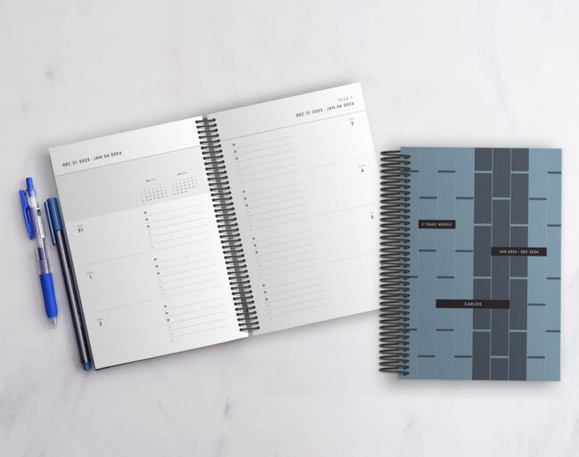 3-Year Weekly Planner in Slate Blue (spiral coil) – start any month