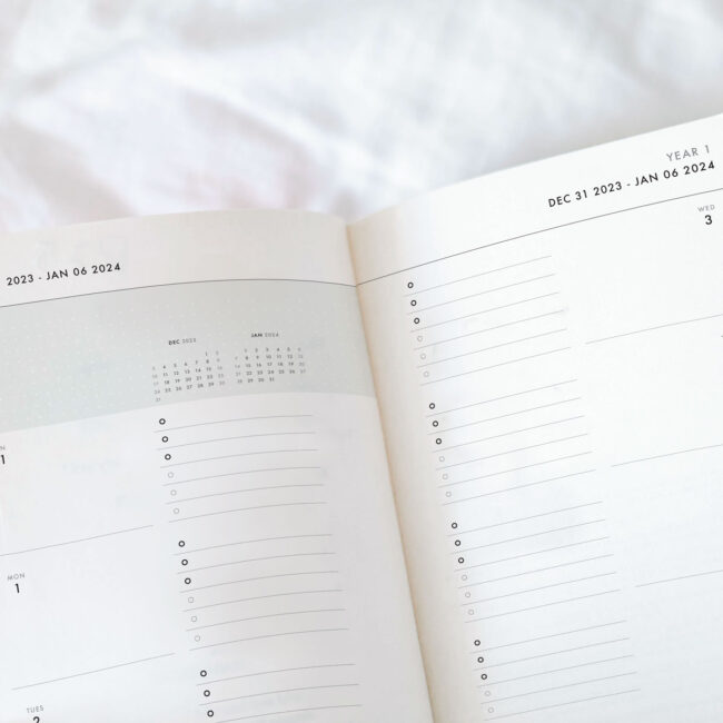 3-Year Weekly Planner in Slate Blue (hardcover) – start any month