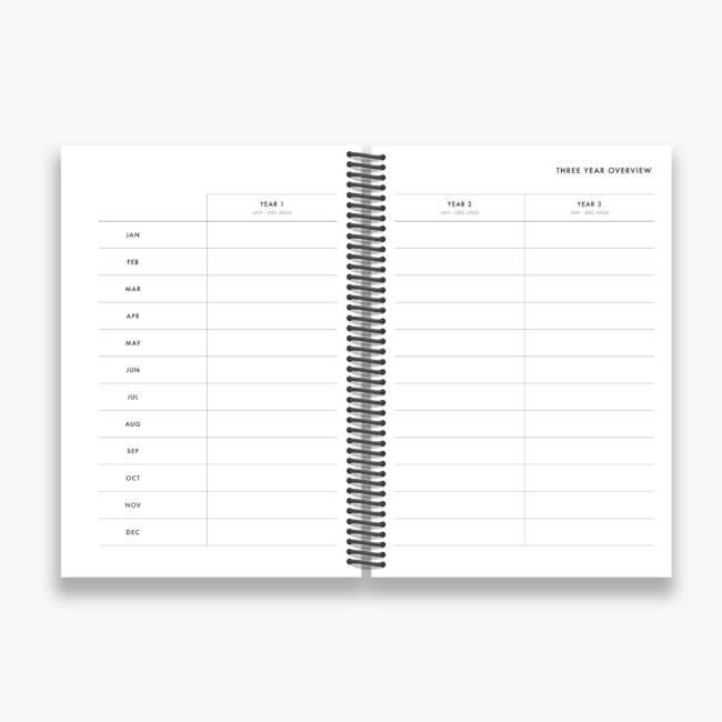 Modern 3-Year Weekly Planner (spiral coil) – start any month