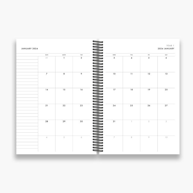 Modern 3-Year Weekly Planner (spiral coil) – start any month