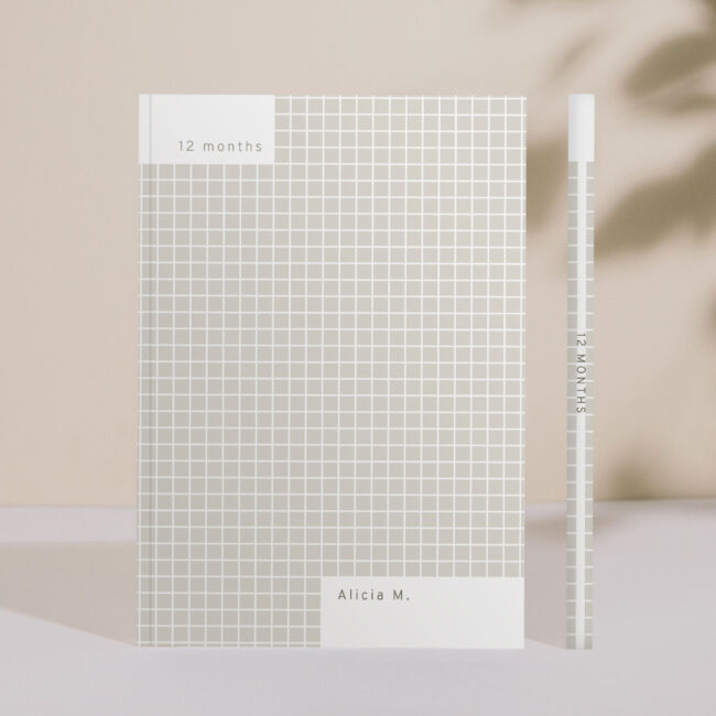 Personalized Warm Grey Grid Monthly Planner – undated